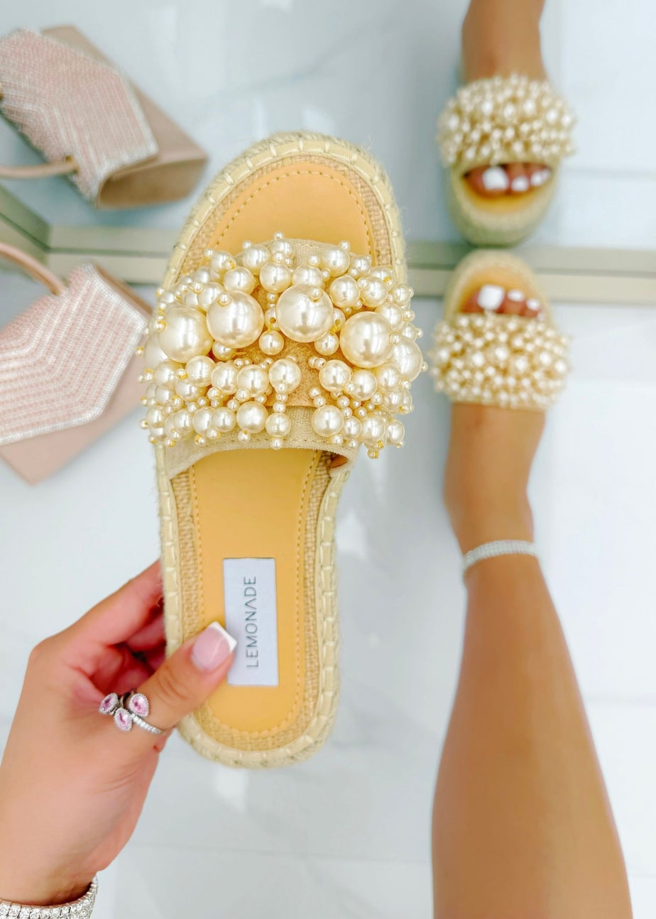 Love Lemonade Beige Sparkly Deluxe Pretty Pearl Platform Sliders
