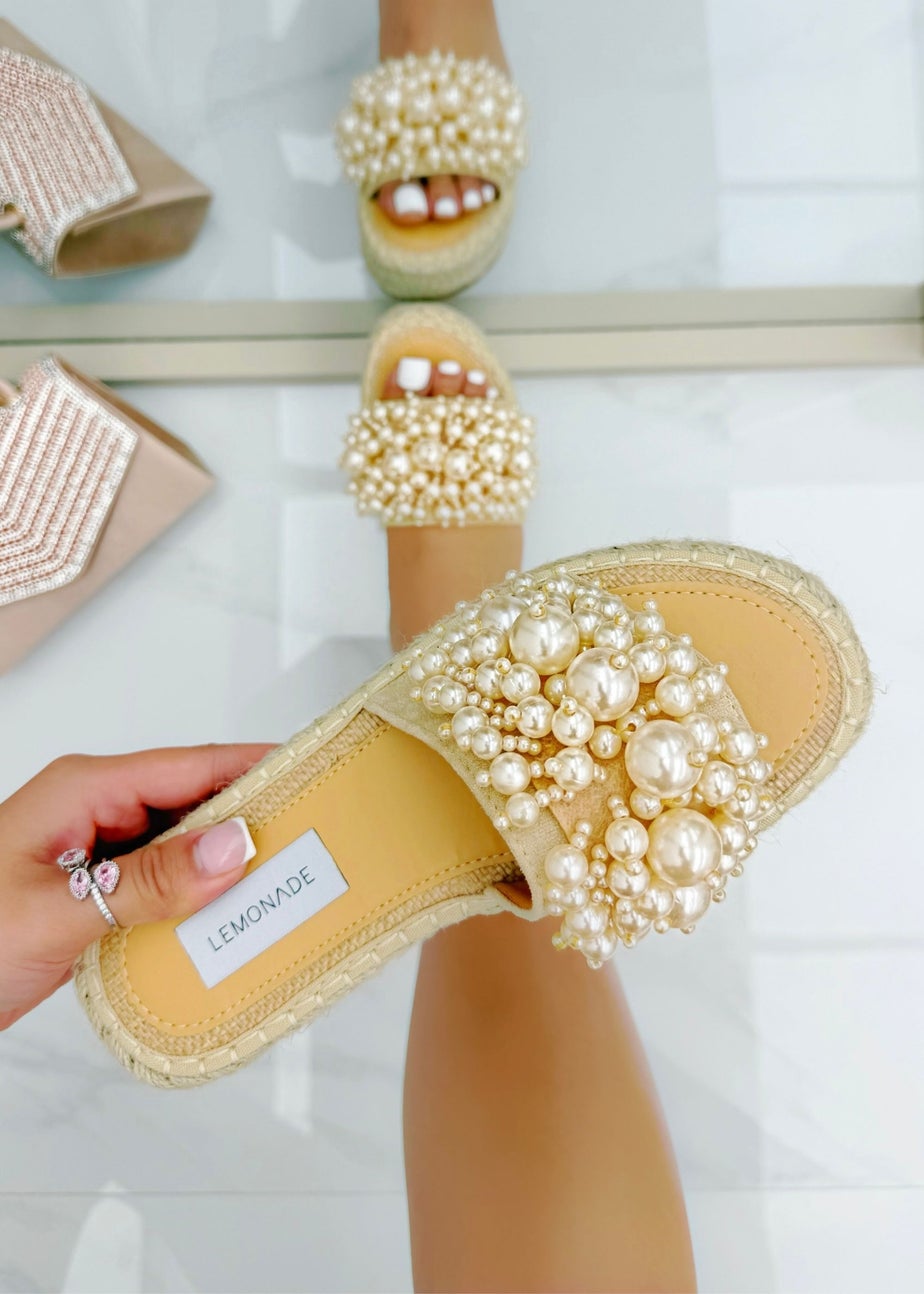 Love Lemonade Beige Sparkly Deluxe Pretty Pearl Platform Sliders
