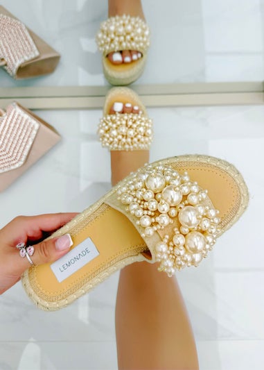 Love Lemonade Beige Sparkly Deluxe Pretty Pearl Platform Sliders