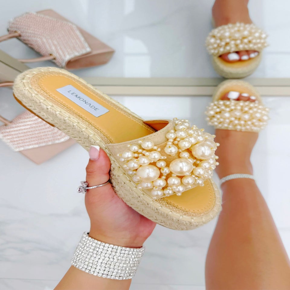 Love Lemonade Beige Sparkly Deluxe Pretty Pearl Platform Sliders