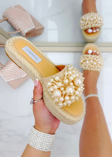 Love Lemonade Beige Sparkly Deluxe Pretty Pearl Platform Sliders