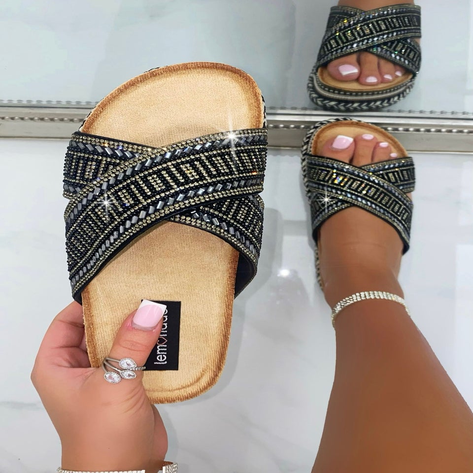 Love Lemonade Black Crystal Shimmer Wedge Sliders