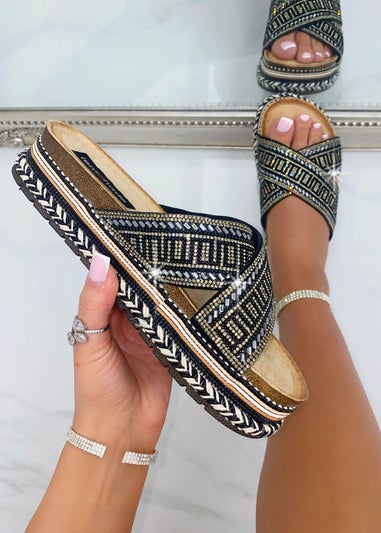 Love Lemonade Black Crystal Shimmer Wedge Sliders