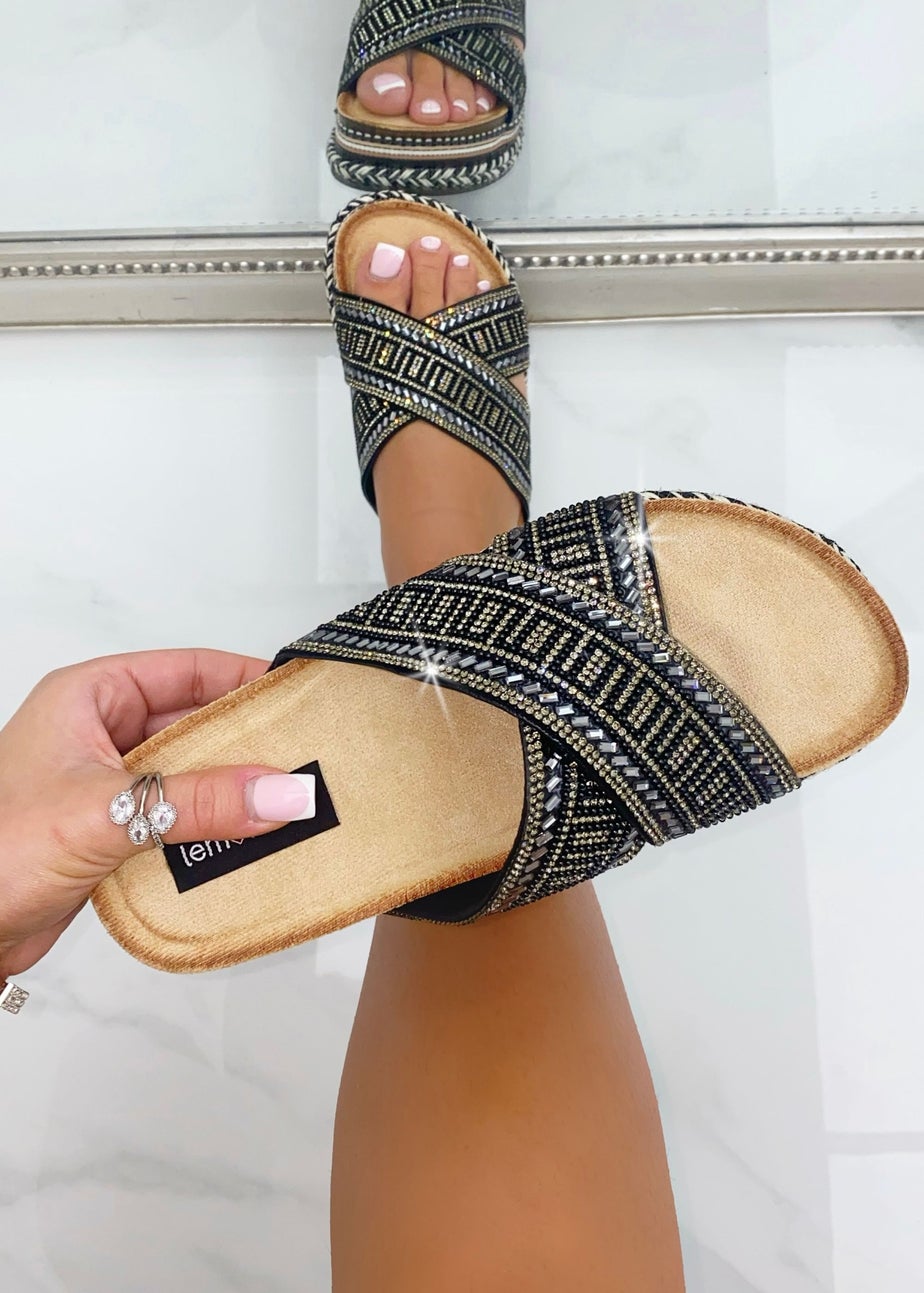 Love Lemonade Black Crystal Shimmer Wedge Sliders