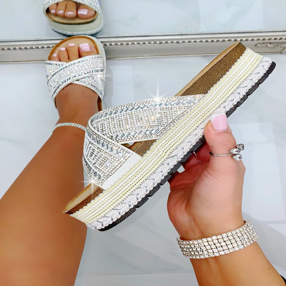 Love Lemonade Silver Crystal Shimmer Wedge Sliders