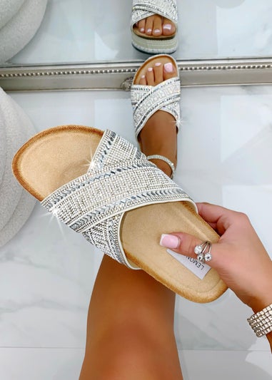 Love Lemonade Silver Crystal Shimmer Wedge Sliders