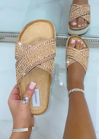 Love Lemonade Rose Gold Crystal Shimmer Wedge Sliders
