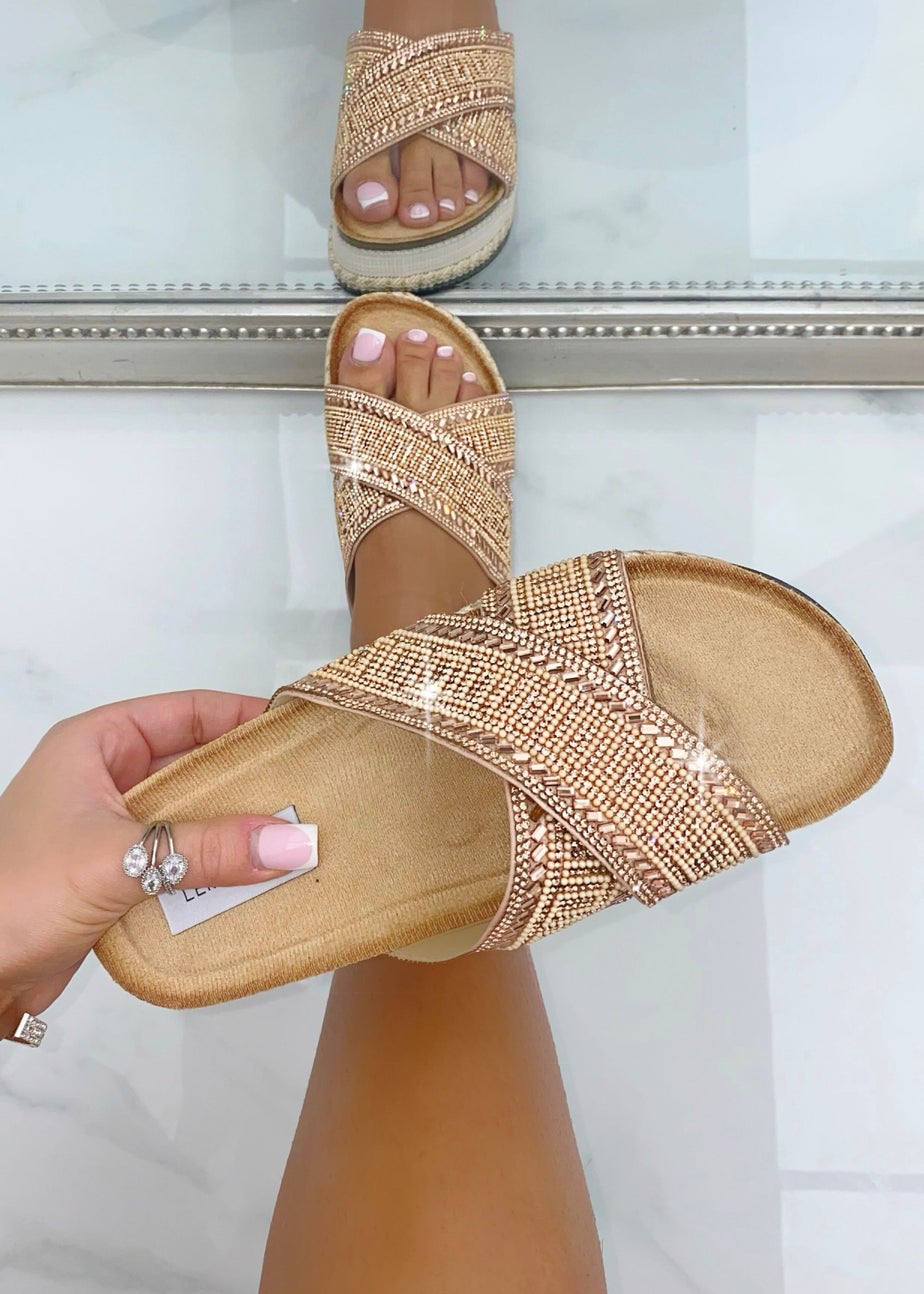 Love Lemonade Rose Gold Crystal Shimmer Wedge Sliders