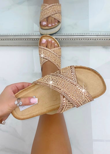 Love Lemonade Rose Gold Crystal Shimmer Wedge Sliders