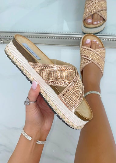 Love Lemonade Rose Gold Crystal Shimmer Wedge Sliders