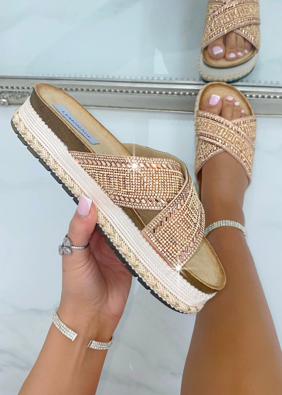 Love Lemonade Rose Gold Crystal Shimmer Wedge Sliders
