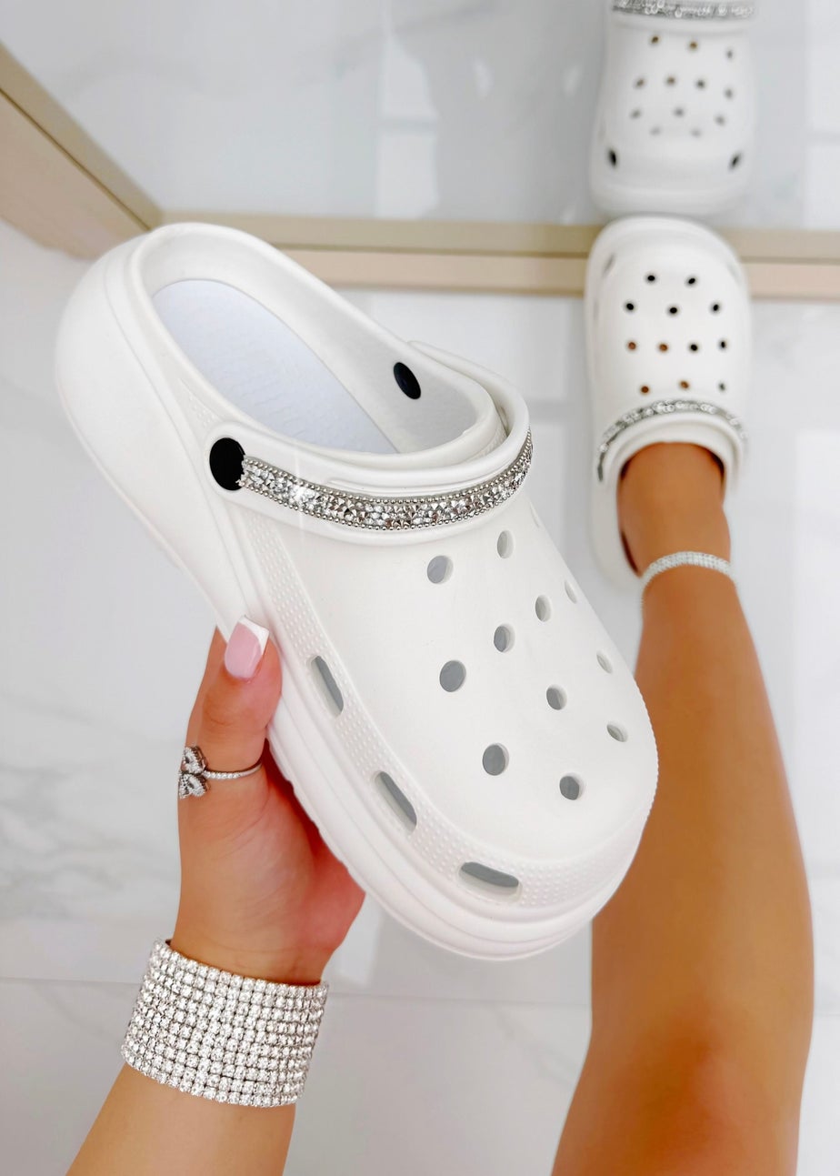 Love Lemonade White Crystal Strap Platform Crox Clogs