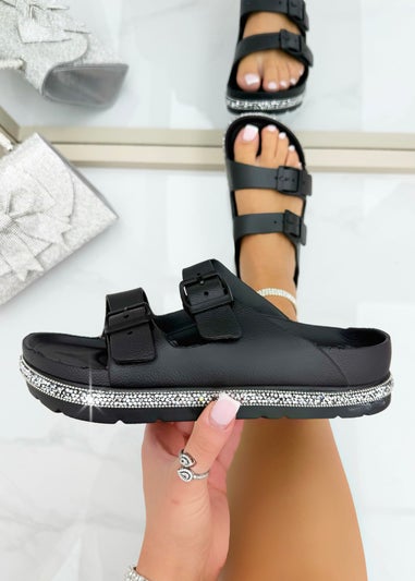 Love Lemonade Black Crystal Trim Lightweight Double Strap Sliders