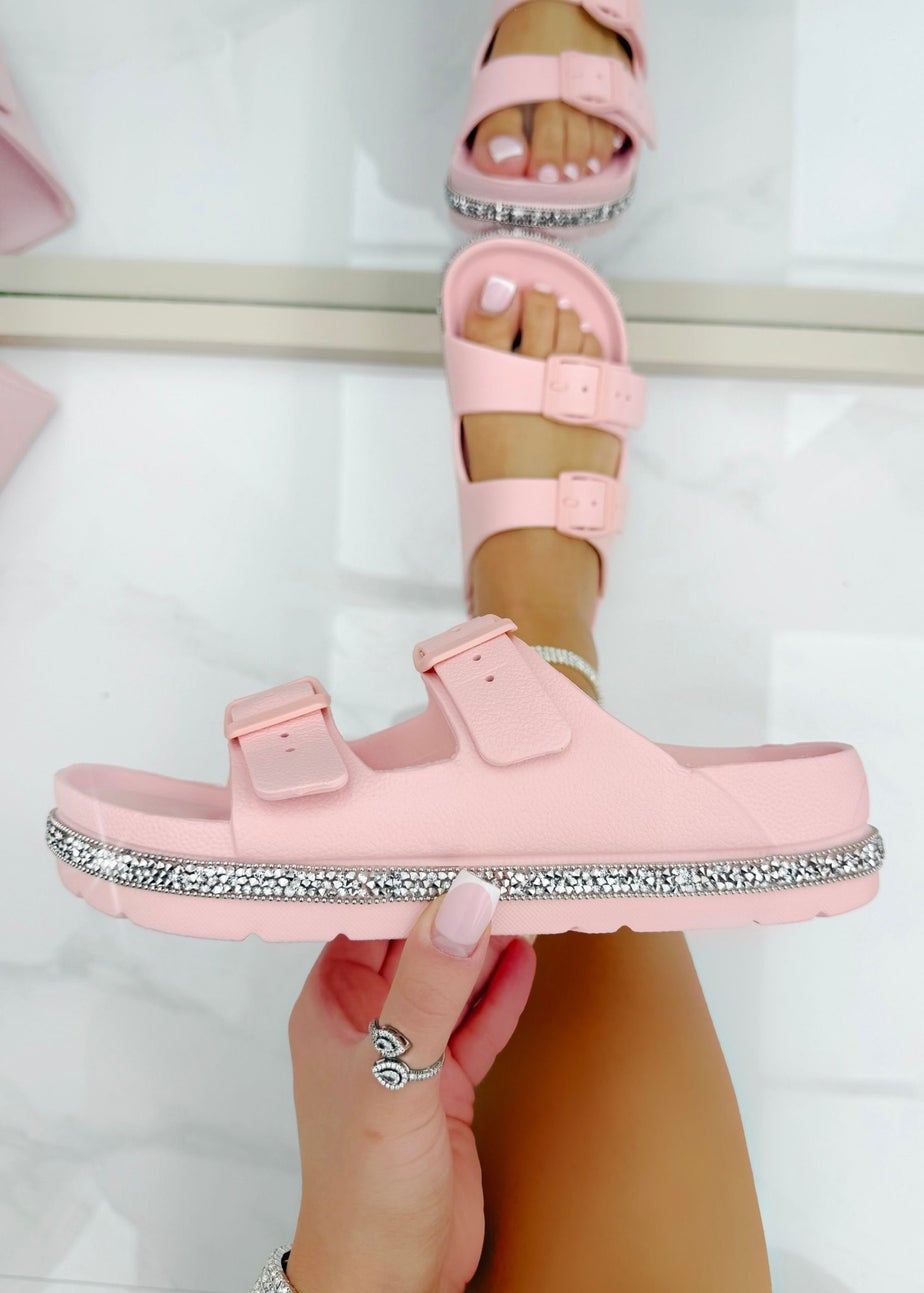 Love Lemonade Pink Crystal Trim Lightweight Double Strap Sliders