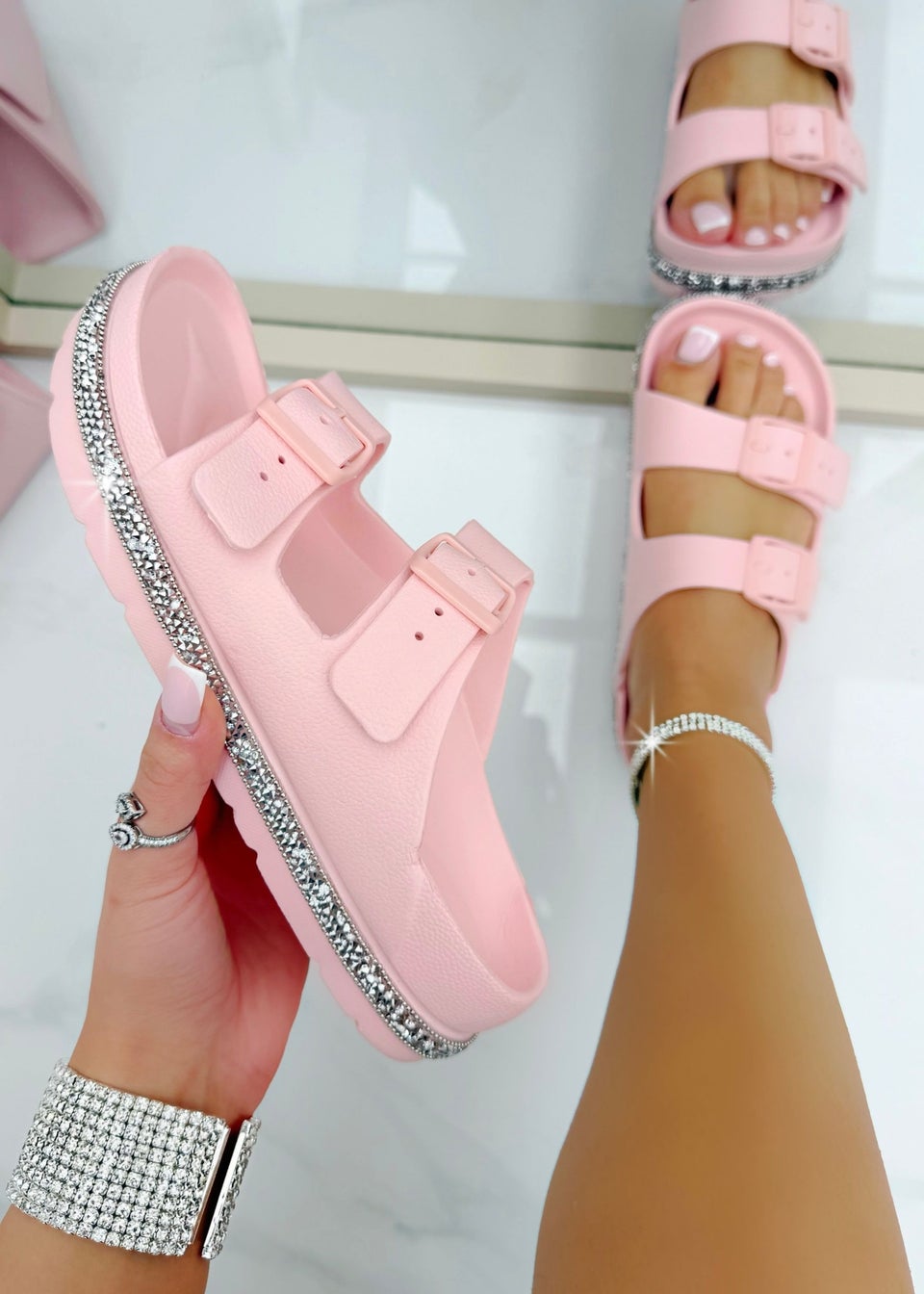 Love Lemonade Pink Crystal Trim Lightweight Double Strap Sliders