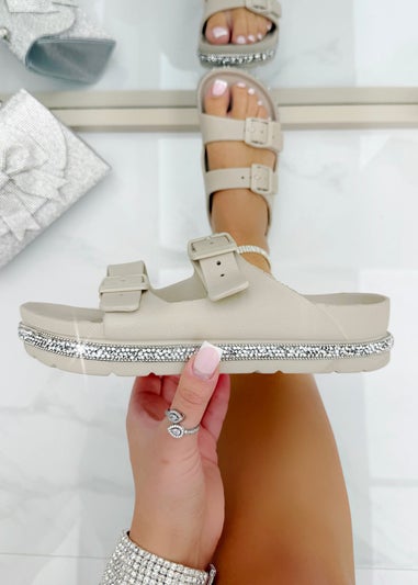Love Lemonade Mocha Crystal Trim Lightweight Double Strap Sliders