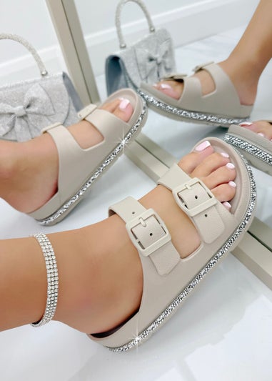 Love Lemonade Mocha Crystal Trim Lightweight Double Strap Sliders