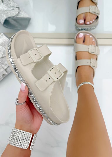 Love Lemonade Mocha Crystal Trim Lightweight Double Strap Sliders