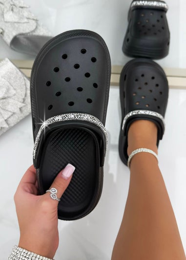 Love Lemonade Black Crystal Strap Platform Crox Clogs