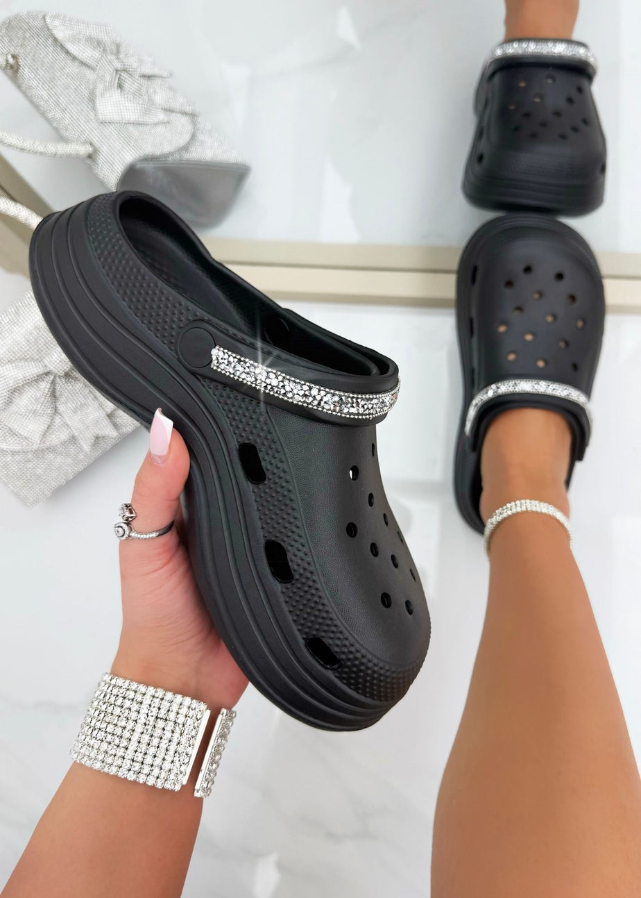 Love Lemonade Black Crystal Strap Platform Crox Clogs