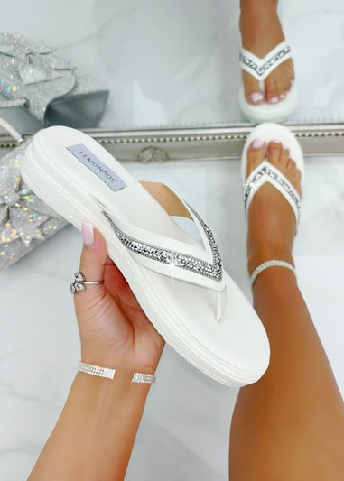 Love Lemonade White Crystal Trim Chunky Flip Flops