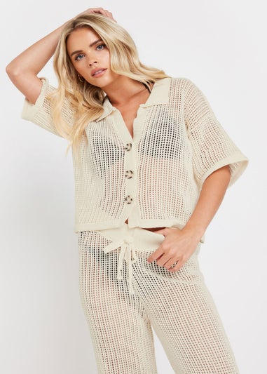 PixieGirl Petite Cream Crochet Short Sleeve Shirt