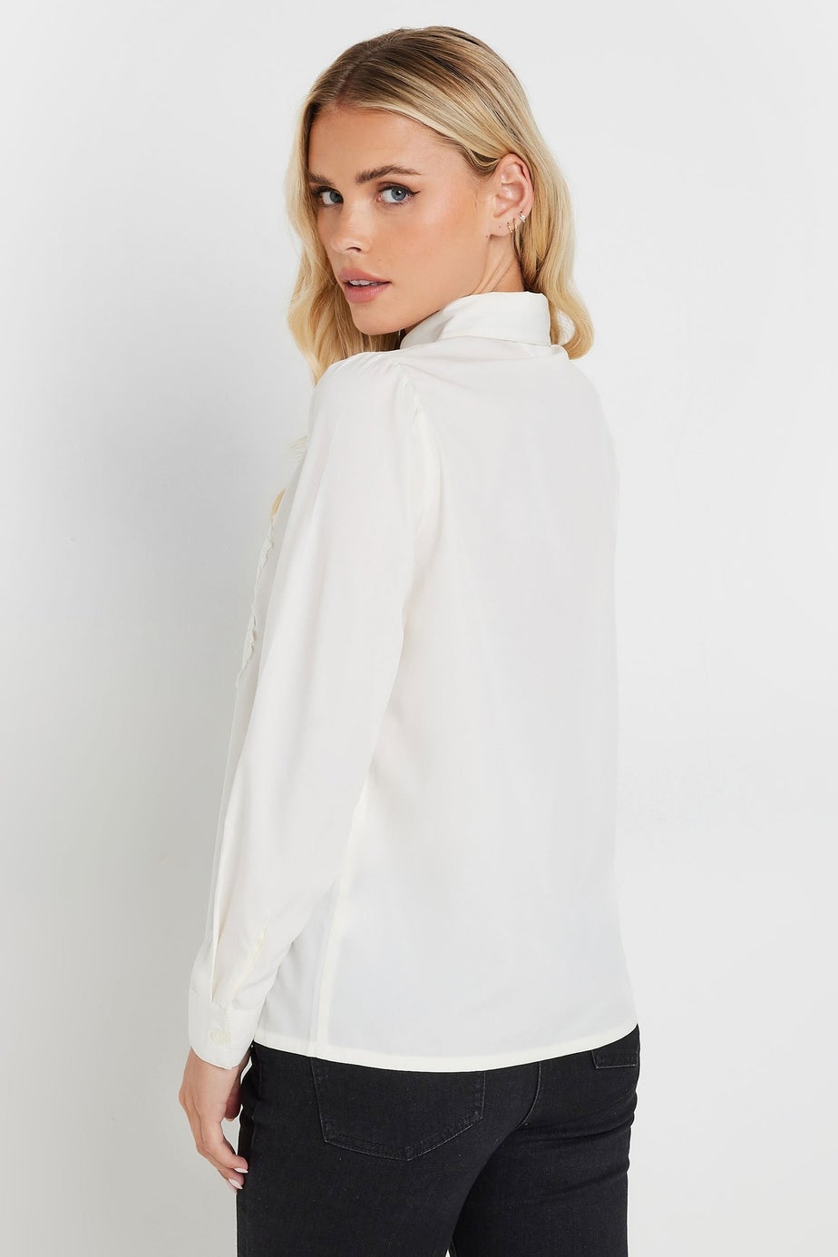 PixieGirl Petite Ivory White Lace Trim Tie Neck Shirt