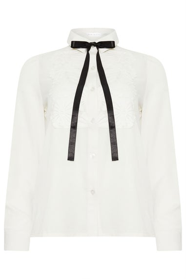 PixieGirl Petite Ivory White Lace Trim Tie Neck Shirt