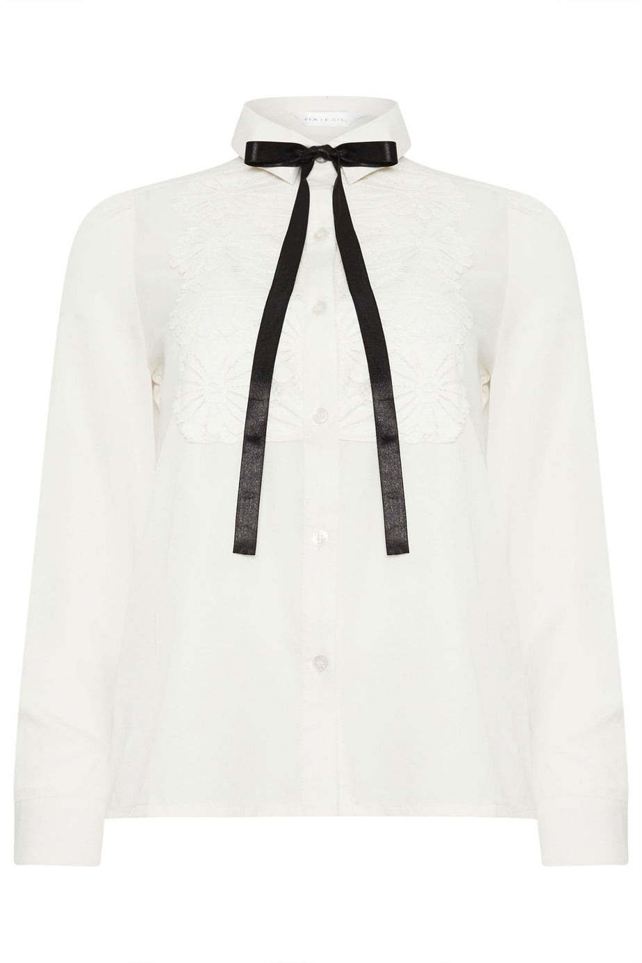 PixieGirl Petite Ivory White Lace Trim Tie Neck Shirt