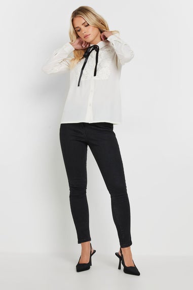 PixieGirl Petite Ivory White Lace Trim Tie Neck Shirt