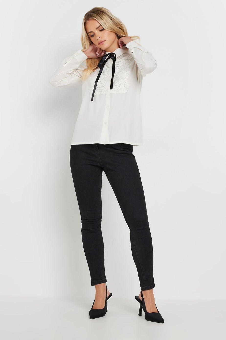 PixieGirl Petite Ivory White Lace Trim Tie Neck Shirt