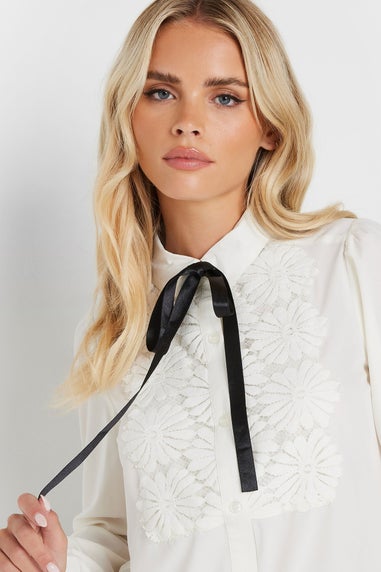 PixieGirl Petite Ivory White Lace Trim Tie Neck Shirt