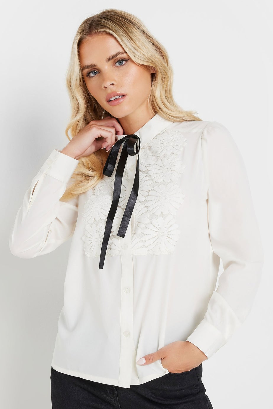 PixieGirl Petite Ivory White Lace Trim Tie Neck Shirt