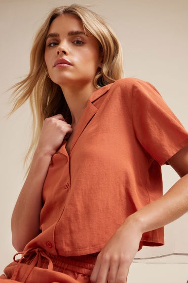 PixieGirl Petite Rust Orange Linen Cropped Short Sleeve Shirt