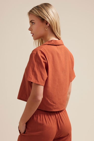PixieGirl Petite Rust Orange Linen Cropped Short Sleeve Shirt