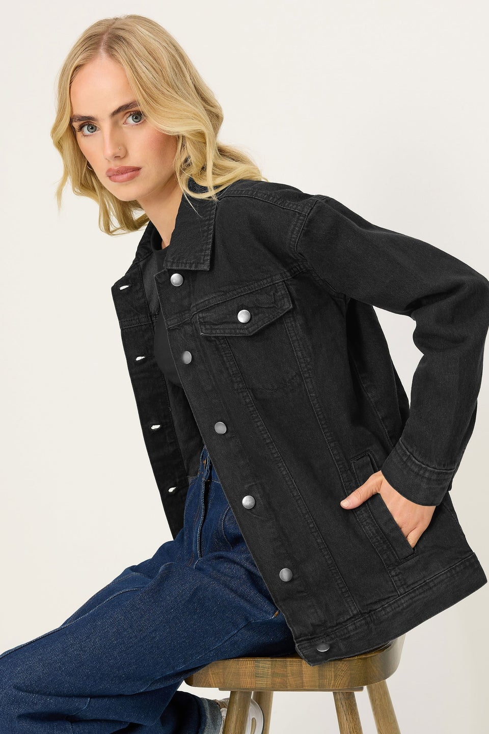 PixieGirl Petite Black Washed Oversized Denim Jacket