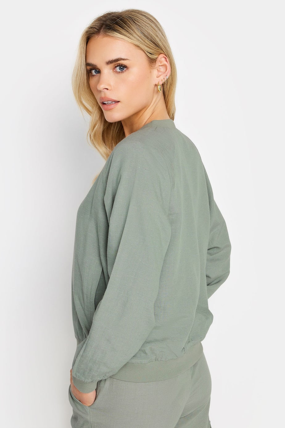 PixieGirl Petite Sage Green Linen Bomber Jacket