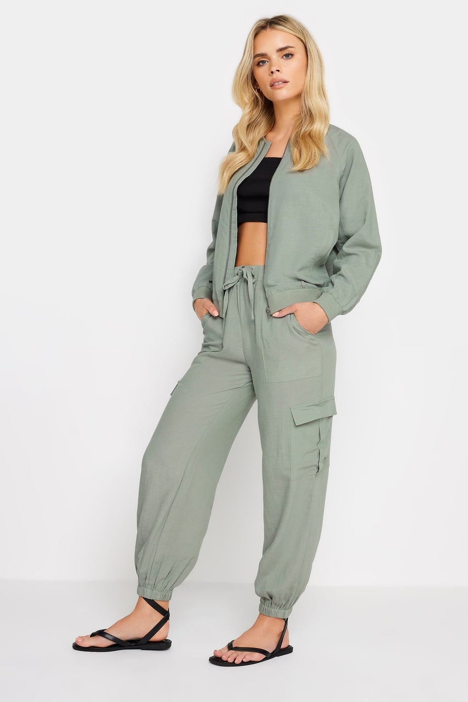 PixieGirl Petite Sage Green Linen Bomber Jacket