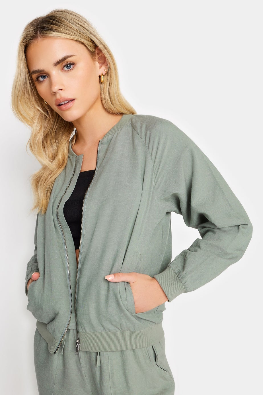 PixieGirl Petite Sage Green Linen Bomber Jacket