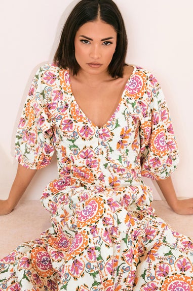 Pixiegirl Multi Coloured Abstract Tile Puff Sleeve Top