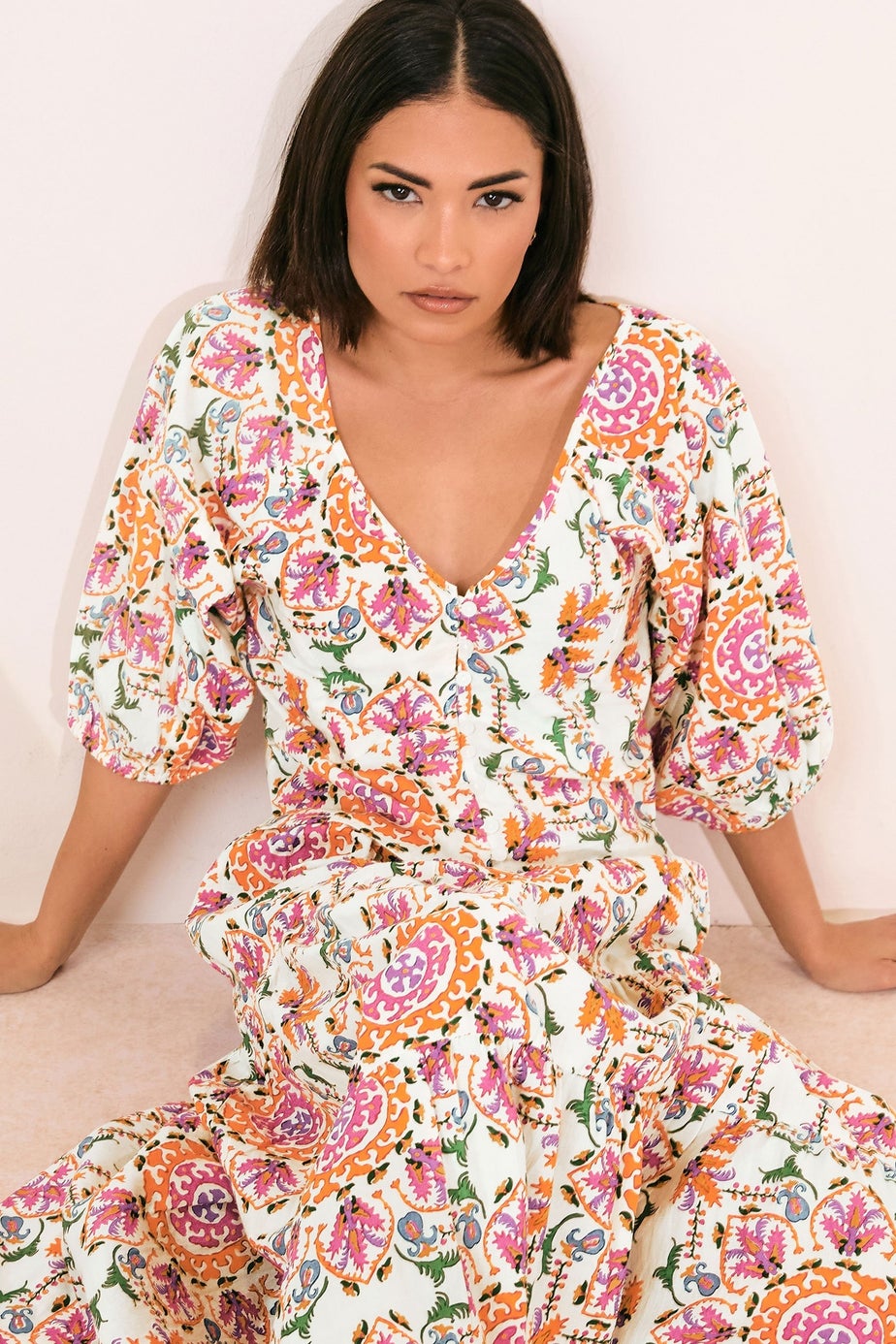 Pixiegirl Multi Coloured Abstract Tile Puff Sleeve Top