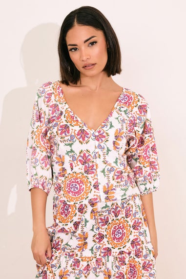 Pixiegirl Multi Coloured Abstract Tile Puff Sleeve Top