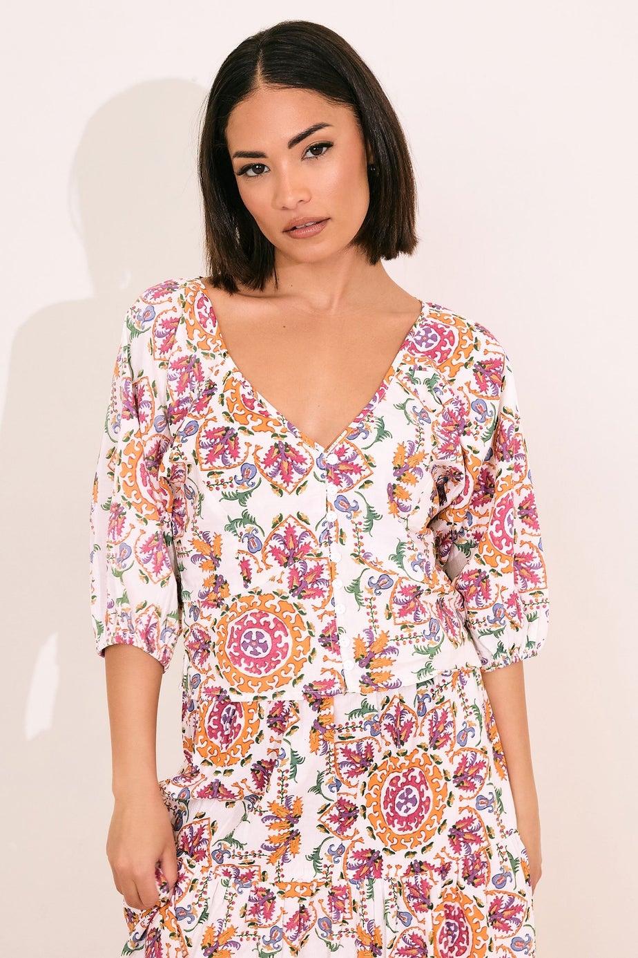 Pixiegirl Multi Coloured Abstract Tile Puff Sleeve Top