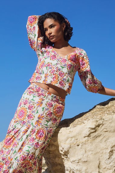 Pixiegirl Multi Coloured Abstract Tile Puff Sleeve Top