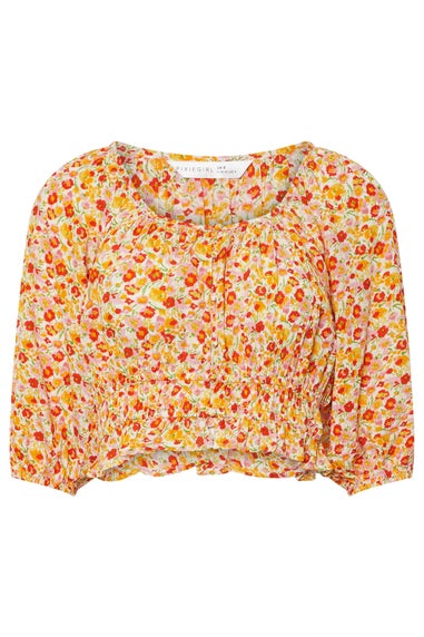 PixieGirl Petite Orange Ditsy Floral Puff Sleeve Top