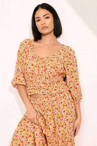 PixieGirl Petite Orange Ditsy Floral Puff Sleeve Top