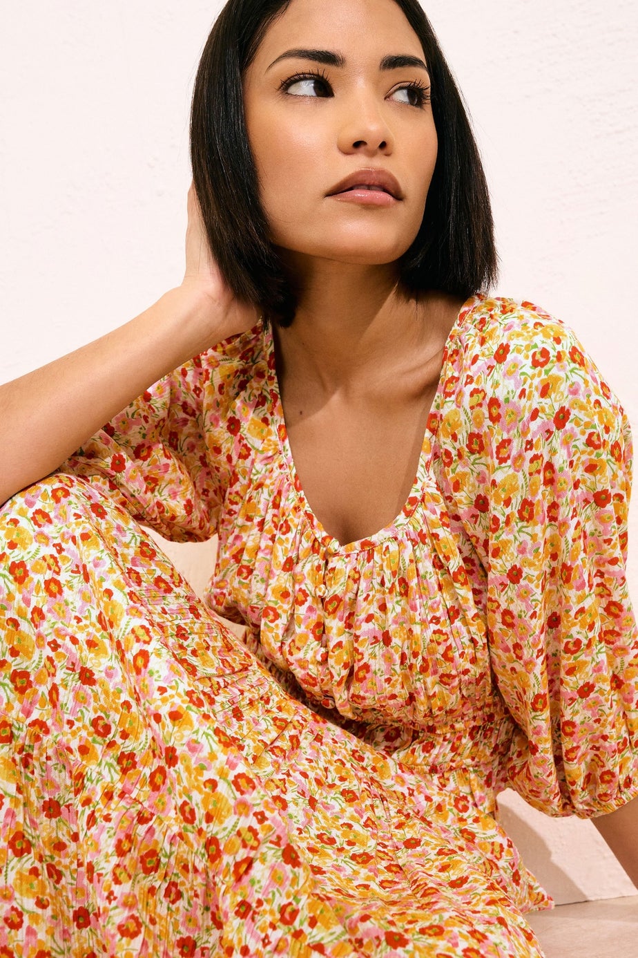 PixieGirl Petite Orange Ditsy Floral Puff Sleeve Top