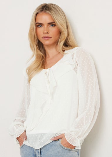 PixieGirl Petite Ivory White Dobby Frill Blouse