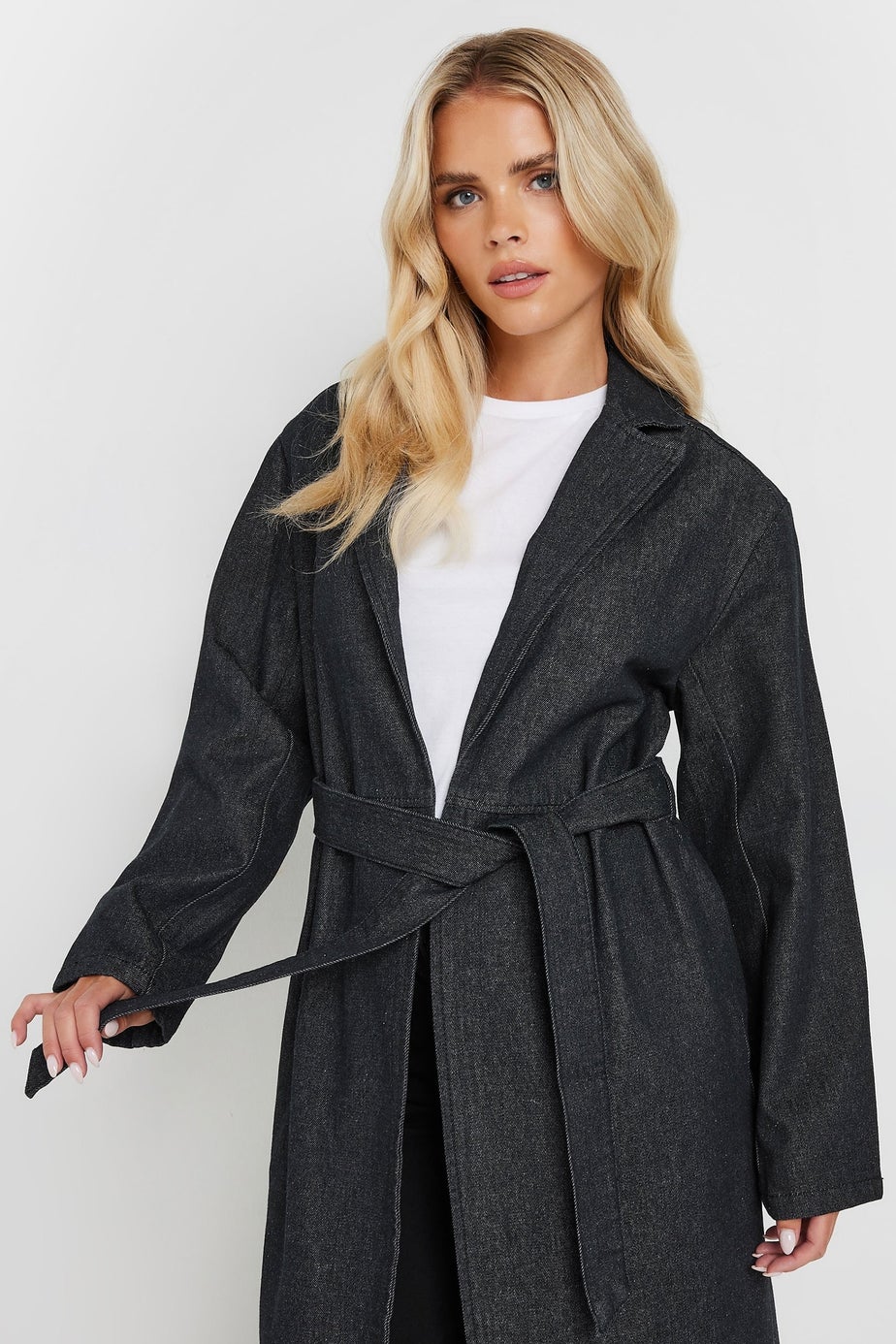 PixieGirl Petite Indigo Blue Denim Belted Trench Coat