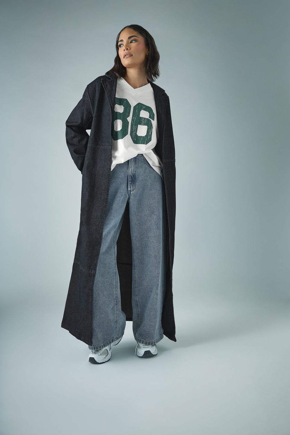 PixieGirl Petite Indigo Blue Denim Belted Trench Coat